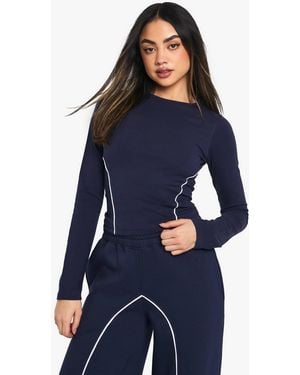 Boohoo Contrast Piping Detail Long Sleeve Top - Blue