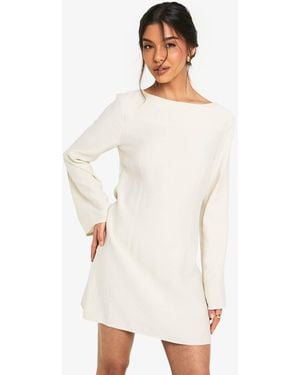 Boohoo Linen Long Sleeve Slash Neck Tailored Mini Dress - White