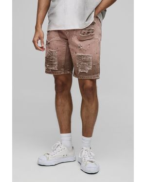 Boohoo Straight Fit Ripped Carpenter Paint Splatter Denim Shorts - Green