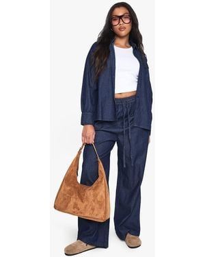 Boohoo Plus Chambray Drawstring Wide Leg Trouser - Blue
