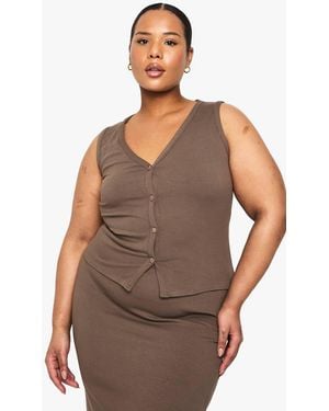 Boohoo Plus Soft Rib Button Down Longline Waistcoat - Brown