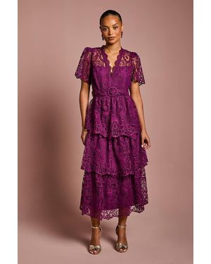 Coast Petite Short Sleeve V Neck Tiered Lace Midi Dress - Purple