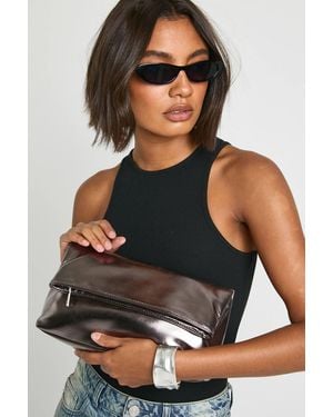 Boohoo Large Metallic Fold Over Clutch Bag - Black