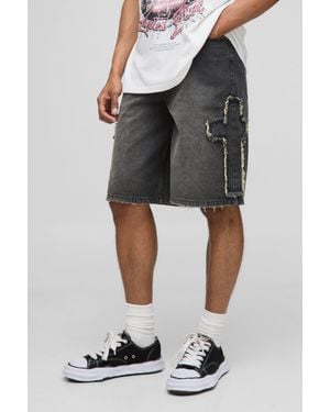 Boohoo Regular Fit Cross Applique Washed Black Jorts - Negro