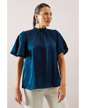 Wallis Hammered Satin Shirred Neck Blouse - Blue