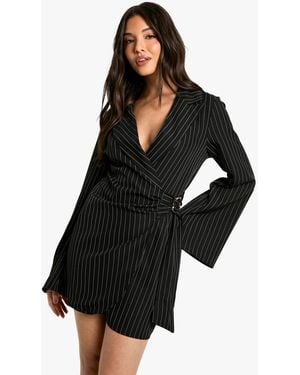Boohoo Pinstripe Buckle Detail Tie Waist Tailored Blazer Dress - Black