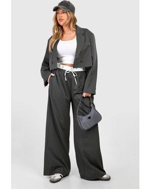 Boohoo Plus Pinstripe Boxer Waistband Drawstring Wide Leg Pants - Gray