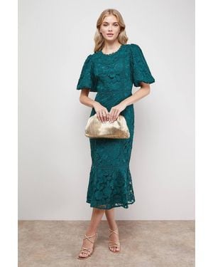 Oasis Lace Trim Detail Puff Sleeve Peplum Midi Dress - Green