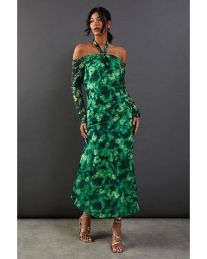 Warehouse Abstract Print Twist Mesh Midi Dress - Green