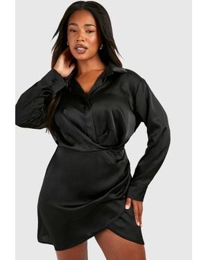 Boohoo Plus Satin Collar Shirt Wrap Dress - Black