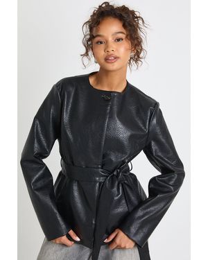 Boohoo Collarless Faux Leather Trench Jacket - Black
