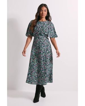 Dorothy Perkins Petite Ditsy Twist Front Angel Sleeve Midi Dress - Multicolor
