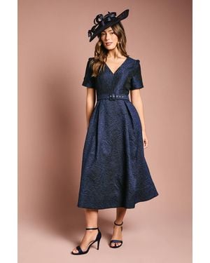 Coast Short Sleeve Jacquard Midi Dress With Belt - Blue