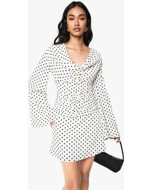 Boohoo Polka Dot Cowl Neck Ruched Skater Dress - White