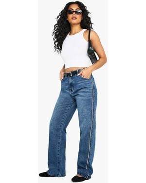 Boohoo Side Stripe Detail Straight Leg Denim Jeans - Blue