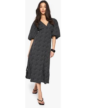 Boohoo Polka Dot Puff Sleeve Tie Back Midi Dress - Black