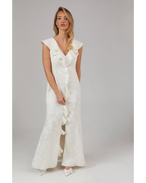 Oasis Satin Jacquard Ruffle V Neck Bridesmaid Dress - White