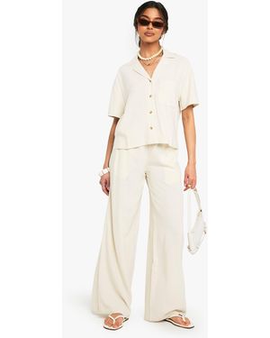 Boohoo Pantalón De Pernera Ancha Y Lino Premium - Blanco
