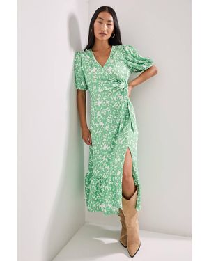Dorothy Perkins Petite Floral Puff Sleeve Wrap Front Midi Dress - Green