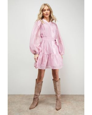 Oasis Jacquard Chiffon Button Down Belted Mini Dress - Pink
