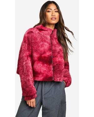 Boohoo Boxy Tie Dye Print Teddy Bomber Jacket - Red