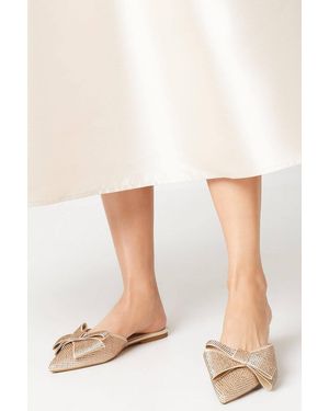 Coast Kasha Satin Diamante Bow Flat Pointed Mule Pumps - Natural