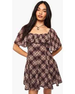 Boohoo Check Chiffon Angel Sleeve Mini Dress - Brown