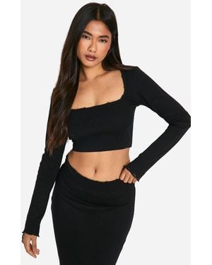 Boohoo Distressed Ribbed Long Sleeve Top - Black