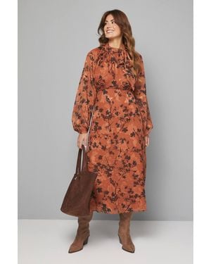 Wallis Floral Burn Out Tie Neck Midi Dress - Orange