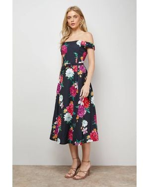 Oasis Printed Bow Front Bardot Midi Dress - White