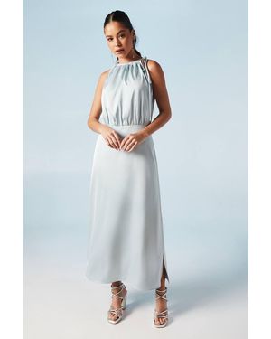 Oasis Ruched Halterneck Satin Bridesmaid Midi Dress - Blue