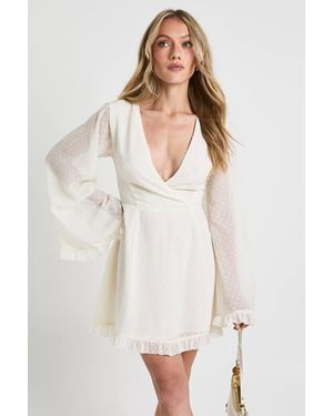 Boohoo Petite Dobby Flare Sleeve Wrap Mini Dress - White
