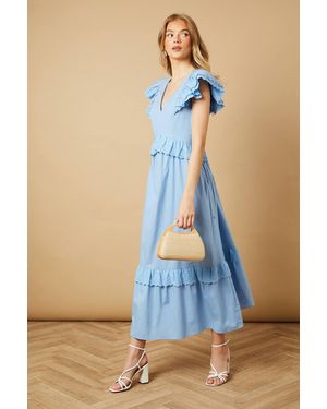 Oasis Broderie Panel Ruffle Maxi Dress - Blue