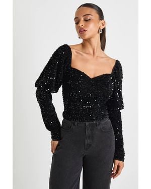 Boohoo Sequin Sweetheart Neck Top - Black
