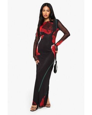 Boohoo Large Floral Mesh Long Sleeve Maxi Dress - Red
