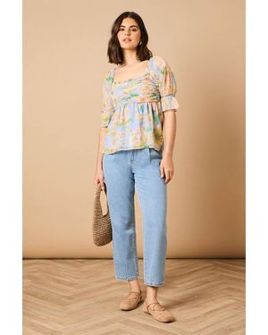 Oasis Floral Ruched Bodice Babydoll Blouse - Blue