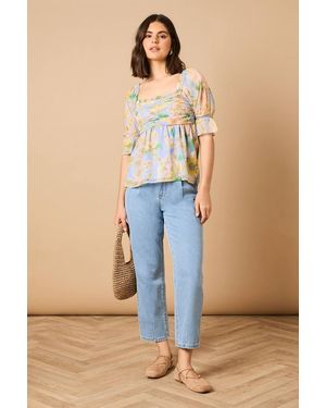 Oasis Floral Ruched Bodice Babydoll Blouse - Blue