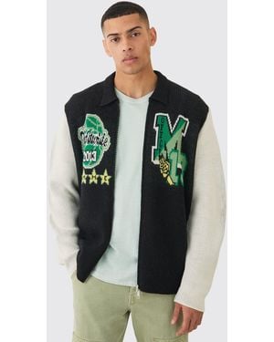 BoohooMAN Oversized Varsity Knitted Harrington Jacket - Green