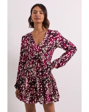 Dorothy Perkins Burgundy Animal Dropped Seam Detail Wrap Front Mini Dress - Red