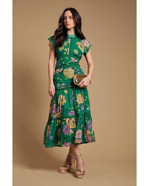 Oasis Floral Printed Chiffon Lace Insert Dress - Green