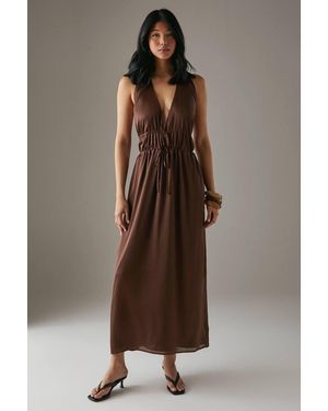 Warehouse Crinkle Satin Halter Drawstring Waist Bias Midi Dress - Brown