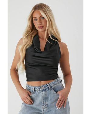 MissPap Satin Plunge Neck Top - Black