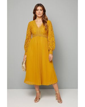 Wallis Lace Pleated Skirt Midi Dress - Yellow