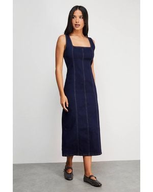 Warehouse Seam Detail Fitted Denim Midi Dress - Blue