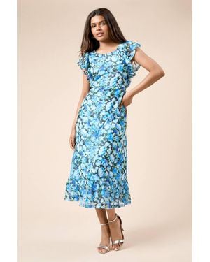 Dorothy Perkins Petite Floral Frill Sleeve Belt Detail Mesh Jersey Midi Dress - Blue