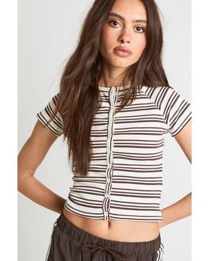 Boohoo Stripe Rib Button Through Short Sleeve Top - Brown