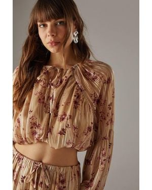 Warehouse Shadow Stripe Cropped Bubble Hem Boho Blouse - Brown