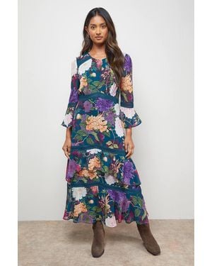 Oasis Printed Tiered Fluted Sleeve Lace Insert Midi Dress - Blue