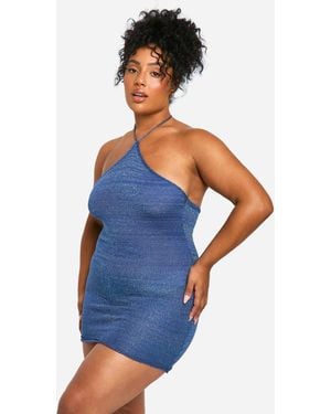 Boohoo Plus Glitter Knitted High Neck Mini Dress - Blue