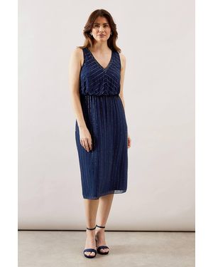 Wallis Beaded Embellished Sleeveless V Neck Pencil Dress - Blue
